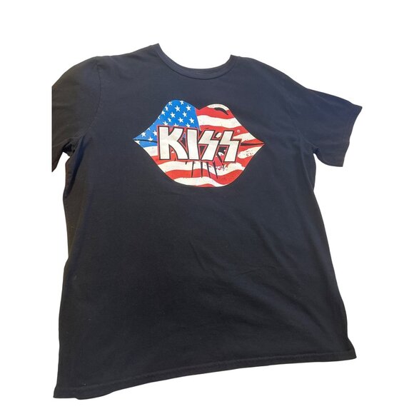 Kiss Other - Kiss Band Graphic T-Shirt XXL Black With American Flag Lip Design Cotton Short S